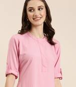 women's knee length mandarin collar pink solid straight kurta
