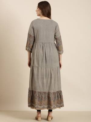 women's calf length round neck beige ethnic motifs anarkali kurta 4