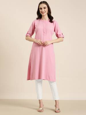 women's knee length mandarin collar pink solid straight kurta 2