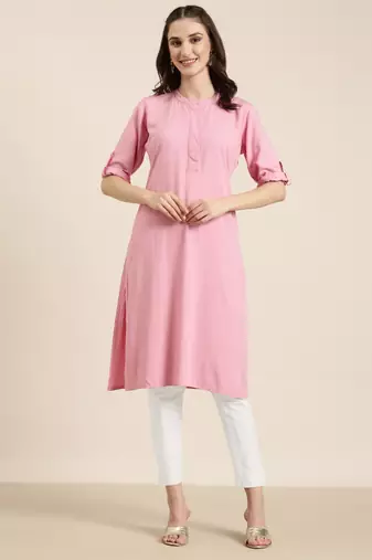 women's knee length mandarin collar pink solid straight kurta