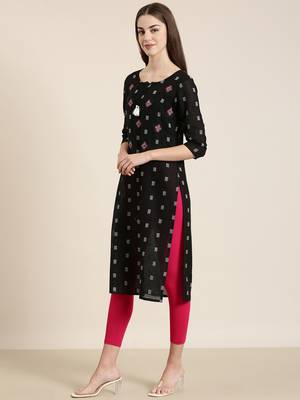women's knee length tie-up neck black woven design straight kurta 4