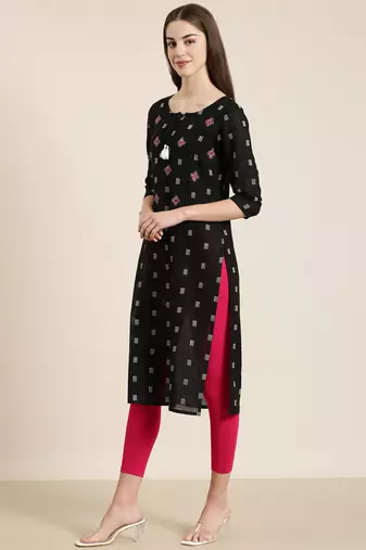 women's knee length tie-up neck black woven design straight kurta