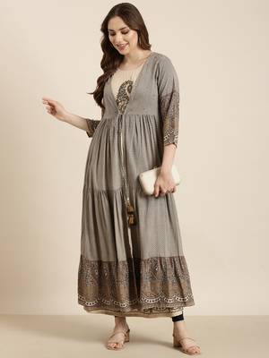 women's calf length round neck beige ethnic motifs anarkali kurta 5