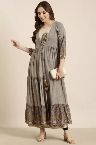 women's calf length round neck beige ethnic motifs anarkali kurta