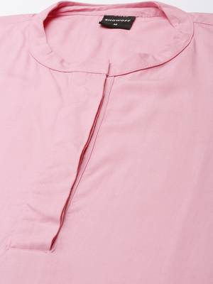 women's knee length mandarin collar pink solid straight kurta 3
