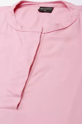 women's knee length mandarin collar pink solid straight kurta