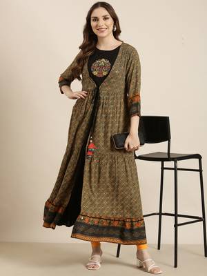 women's ankle length round neck black solid anarkali kurta 1