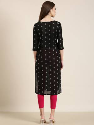 women's knee length tie-up neck black woven design straight kurta 5