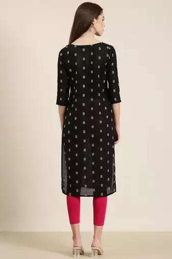 women's knee length tie-up neck black woven design straight kurta