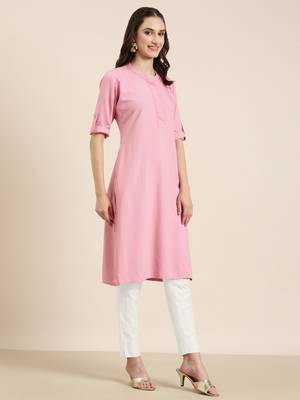 women's knee length mandarin collar pink solid straight kurta 4