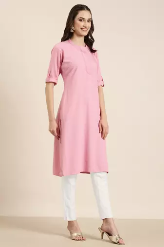 women's knee length mandarin collar pink solid straight kurta