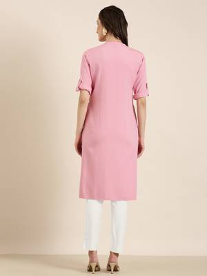 women's knee length mandarin collar pink solid straight kurta 5