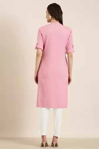 women's knee length mandarin collar pink solid straight kurta