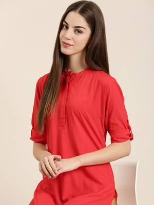 women's knee length mandarin collar red solid straight kurta 1
