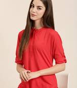 women's knee length mandarin collar red solid straight kurta