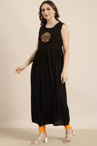 women's ankle length round neck black solid anarkali kurta