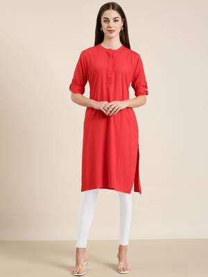 women's knee length mandarin collar red solid straight kurta 2
