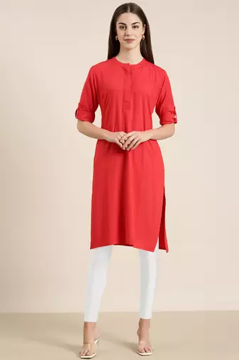 women's knee length mandarin collar red solid straight kurta
