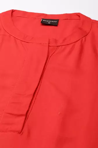 women's knee length mandarin collar red solid straight kurta