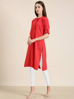 women's knee length mandarin collar red solid straight kurta 4