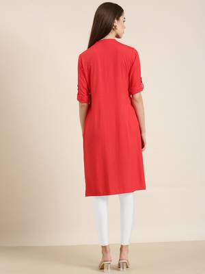 women's knee length mandarin collar red solid straight kurta 5