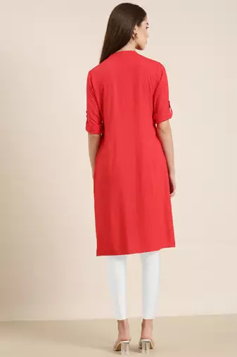 women's knee length mandarin collar red solid straight kurta