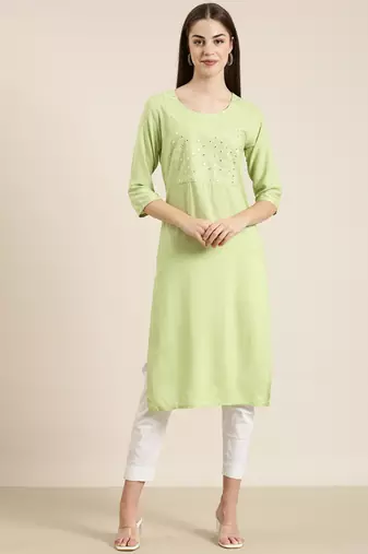 women's calf length round neck green solid straight kurta