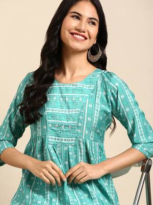 women's calf length round neck turquoise blue geometric anarkali kurta 2