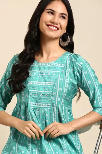 women's calf length round neck turquoise blue geometric anarkali kurta