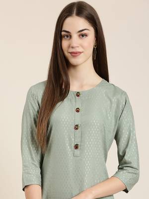 women's calf length round neck sea green floral straight kurta 1