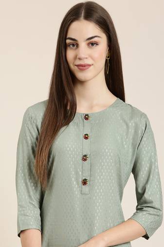 women's calf length round neck sea green floral straight kurta