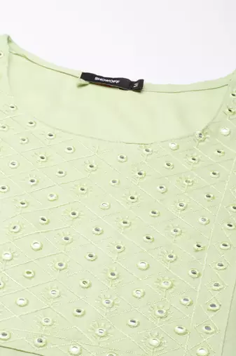 women's calf length round neck green solid straight kurta