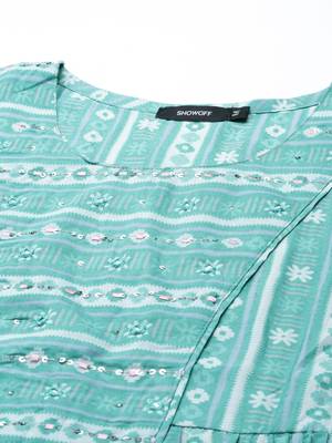 women's calf length round neck turquoise blue geometric anarkali kurta 3