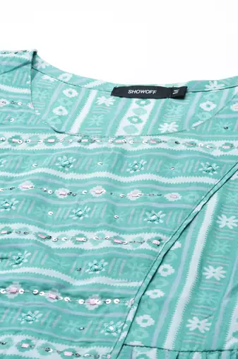 women's calf length round neck turquoise blue geometric anarkali kurta