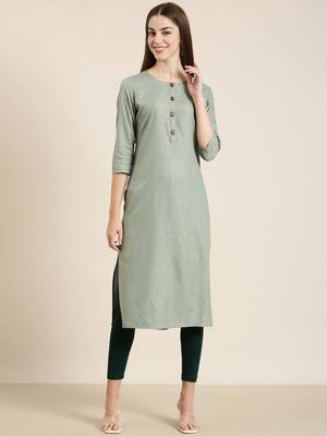 women's calf length round neck sea green floral straight kurta 2