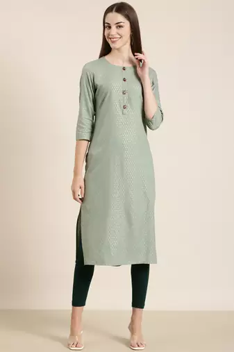 women's calf length round neck sea green floral straight kurta