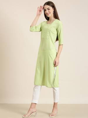 women's calf length round neck green solid straight kurta 4