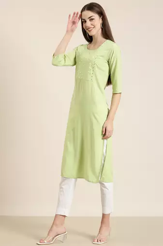women's calf length round neck green solid straight kurta