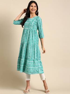 women's calf length round neck turquoise blue geometric anarkali kurta 4