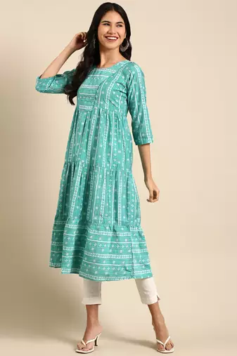 women's calf length round neck turquoise blue geometric anarkali kurta