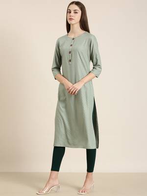 women's calf length round neck sea green floral straight kurta 4