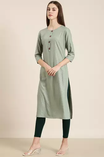 women's calf length round neck sea green floral straight kurta