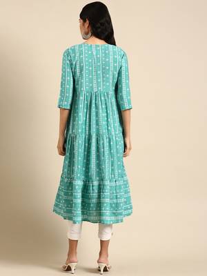 women's calf length round neck turquoise blue geometric anarkali kurta 5