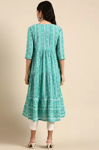 women's calf length round neck turquoise blue geometric anarkali kurta