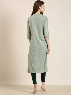 women's calf length round neck sea green floral straight kurta 5