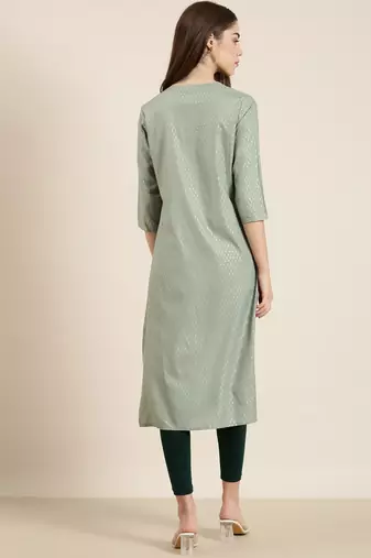 women's calf length round neck sea green floral straight kurta