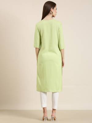 women's calf length round neck green solid straight kurta 5