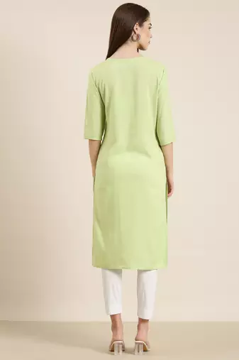 women's calf length round neck green solid straight kurta