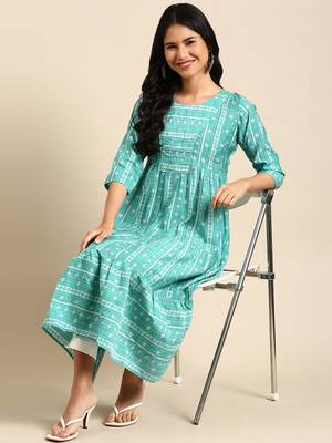 women's calf length round neck turquoise blue geometric anarkali kurta 1