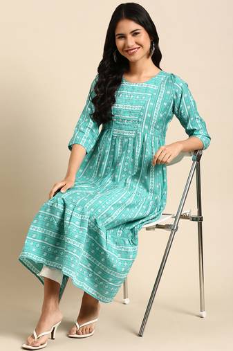 women's calf length round neck turquoise blue geometric anarkali kurta